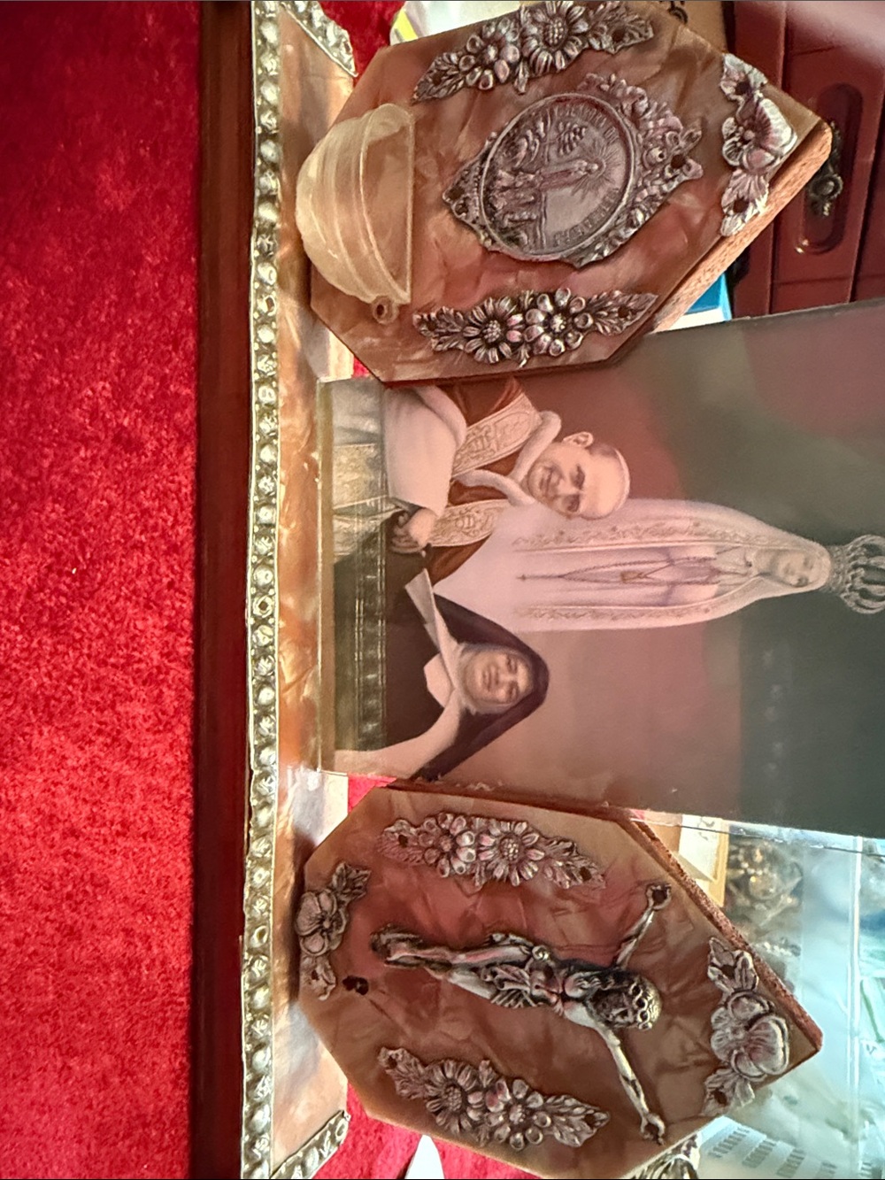 Very old Religious Triptych Plaque Set Brown wSilver Accents holds holy water